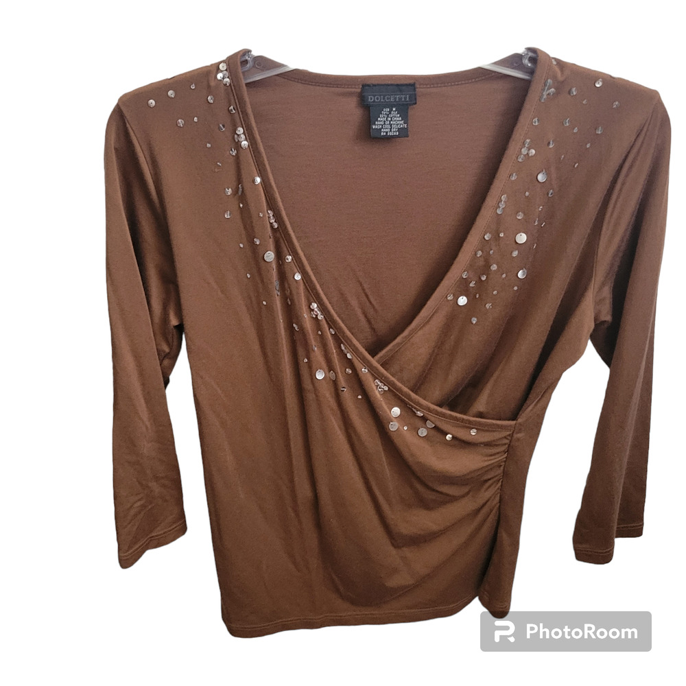 Retro Dolcetti Blouse Size M Silk Blend Brown Sequins V-Neck ‎ 70s Style Soft